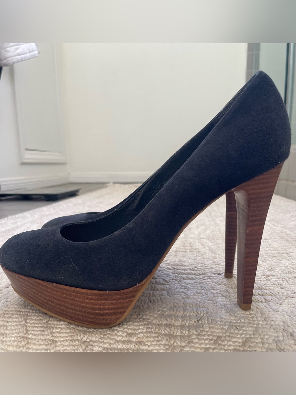 Stuart Weitzman Navy Blue Suede Platform Pumps with Wood-Effect Heel, 7.5